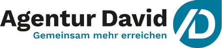 Logo der Agentur David mit dem Schriftzug „Agentur David – Gemeinsam mehr erreichen“ und stilisiertem „AD“-Symbol in Blau.