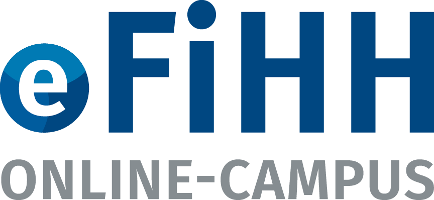 Logo des eFiHH Online-Campus mit blauem „e“ in Kreisform und dem Schriftzug „eFiHH ONLINE-CAMPUS“ in Blau und Grau.